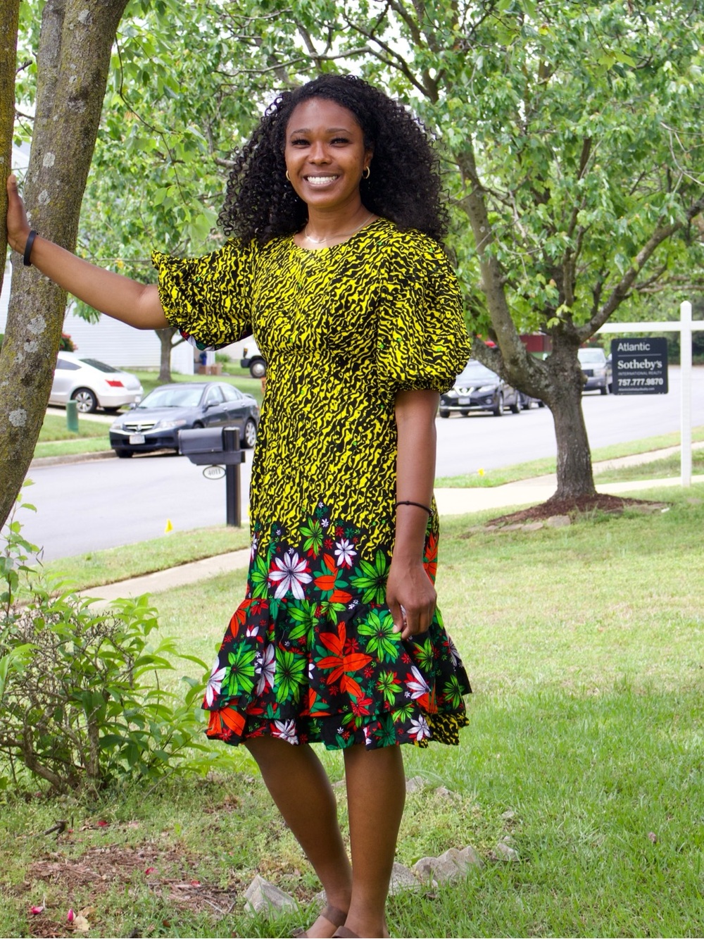Women's Yellow Floral African Print Puff-Sleeve Dress